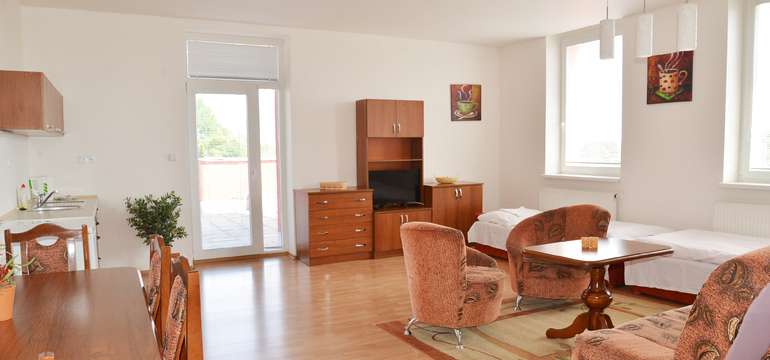Súčasťou zariadenia každého apartmánu je chladnička, LCD TV a WiFi