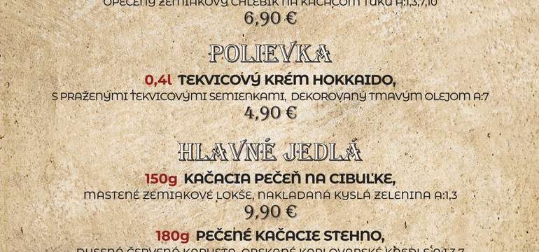 Menu v reštaurácii Stodola v Starom Smokovci