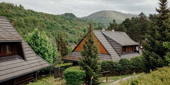 Vstupy do bazéna a wellness zóny rezortu Drevenice Terchová s panoramatickým výhľadom do prírody/Terchová