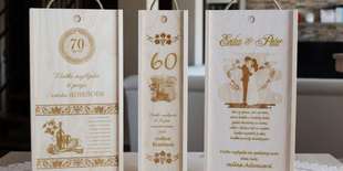 Drevená darčeková krabica na fľašu vína a krájacia doska s laserovým gravírovaním