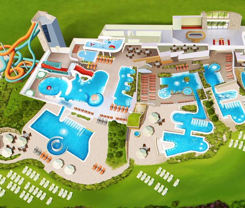 Mapa rozľahlého areálu SPA komplexu Terma Bania v poľskej Bialke Tatranskej