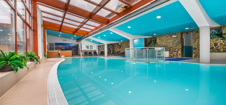 Wellness centrum v areáli ponúka na oddych bazén, vírivku aj 3 druhy sáun