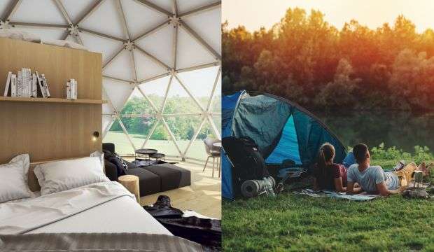 glamping alebo camping koláž