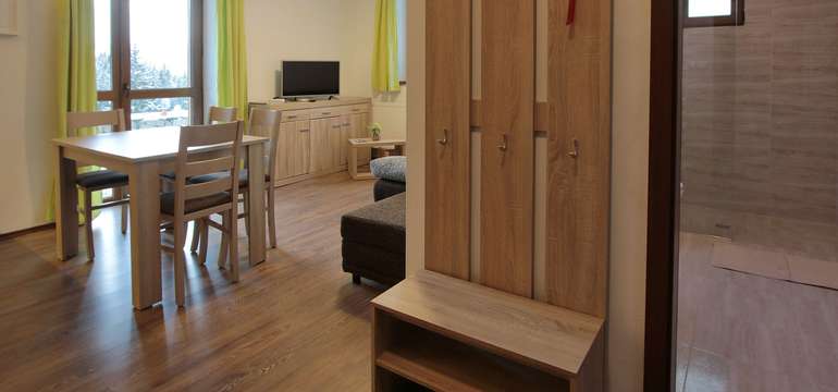 Dvojizbový apartmán sa skladá z predsiene, samostatnej spálne, kúpeľne so sprchovým kútom a WC, obýv