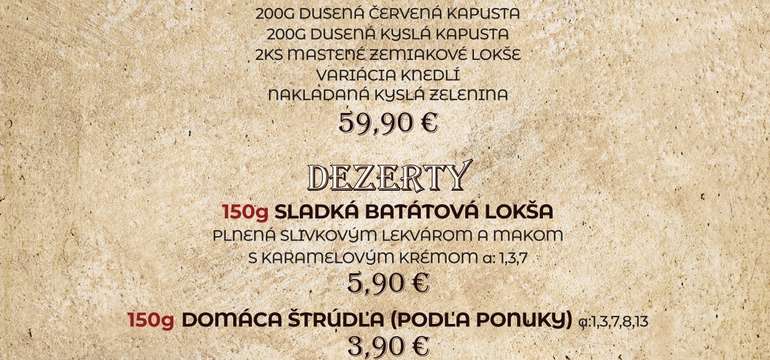 Menu v reštaurácii Stodola v Starom Smokovci