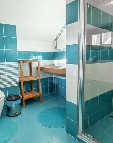 Kúpeľňa apartmánu Alpina so sprchovacím kútom a WC