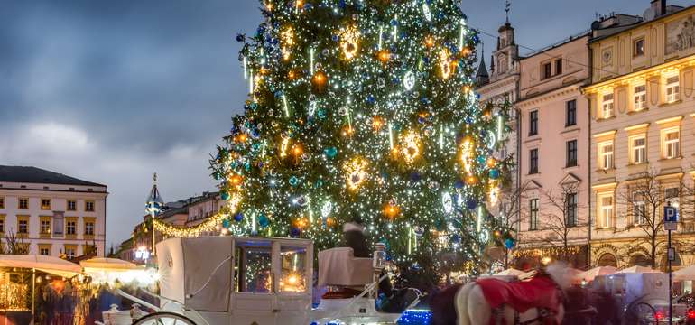 Vianočný stromček a konský povoz na námestí Rynek Główny, Krakov