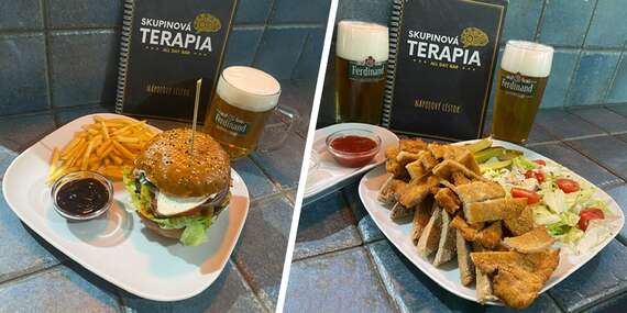 Hovädzí burger s hranolkami alebo misa plná rezňov + pivo Ferdinand/Bratislava