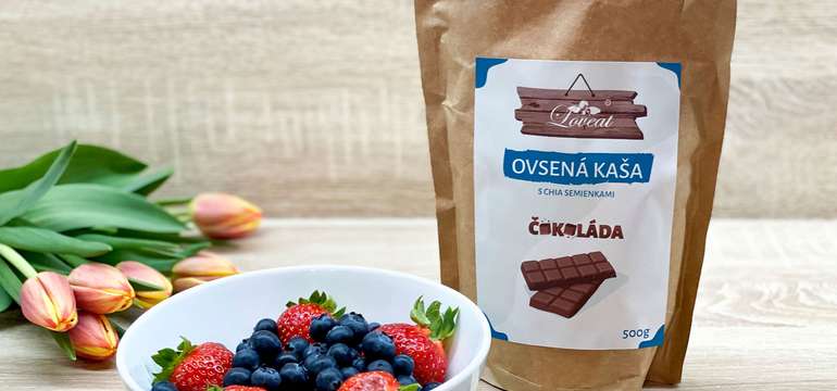 Fitness ovsená kaša LOVEAT s chia semienkami – čokoládová 500 g