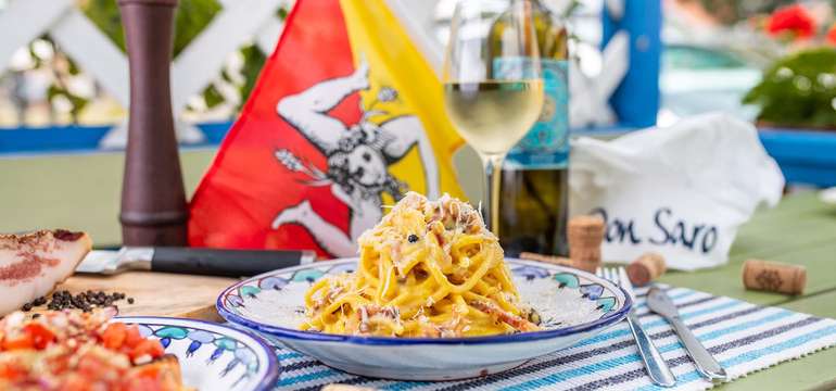Carbonara s Guanciale (pravé sušené líčka) - domáce spaghetti Bigoli, vajíčko, guanciale, syr sicili