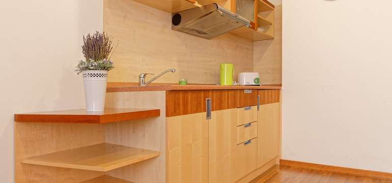 Apartmány majú plne zariadený kuchynský kút (sporák, sendvičovač, mikrovlnka, kanvica, riad)
