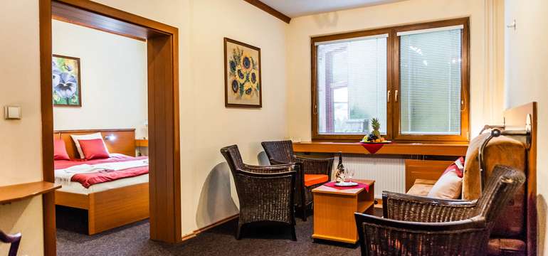 Apartmány hotela Áčko*** sú zložené zo spálne (s manželskou posteľou) a obývačky