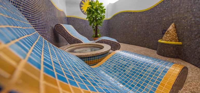 Wellness centrum v areáli ponúka na oddych bazén, vírivku aj 3 druhy sáun