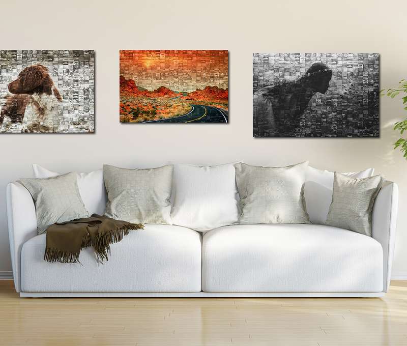Mozaika na plátne z vlastných fotografií v obývačke