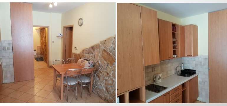 Kuchynský kút s kuchynskou linkou a jedálenským stolom