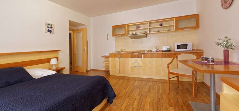 Apartmány majú plne zariadený kuchynský kút (sporák, sendvičovač, mikrovlnka, kanvica, riad)